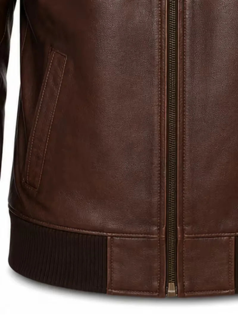 Men's black sheepskin leather jacket, zip and closure detail