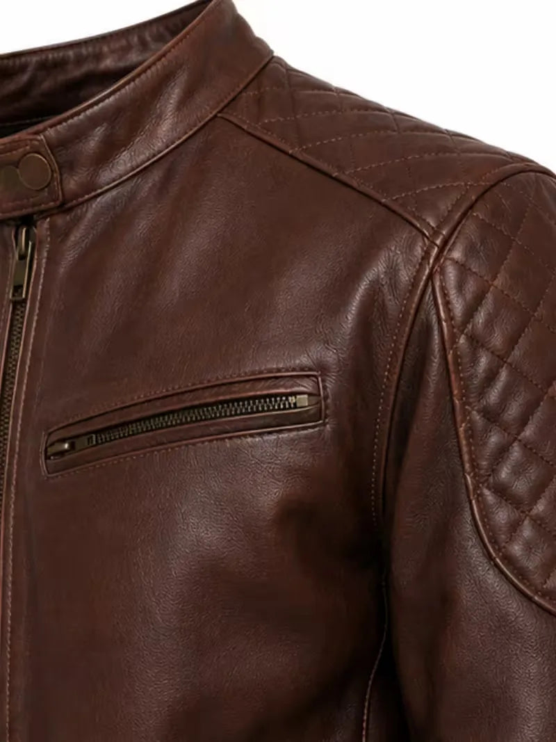 Men's black sheepskin leather jacket, collar detail