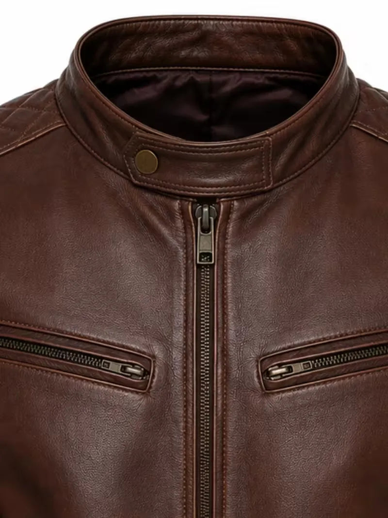 Men's black sheepskin leather jacket, side view