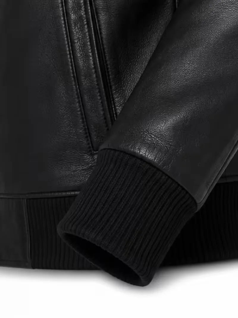 Men's black sheepskin leather jacket, back view