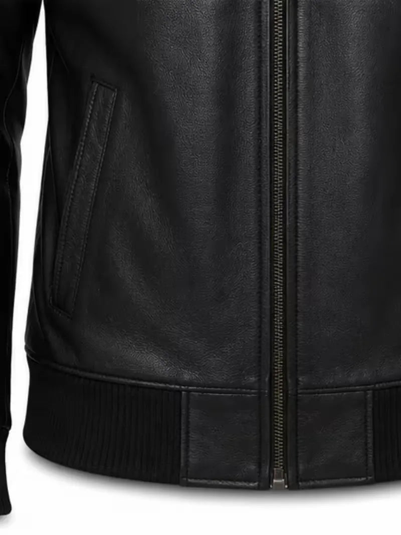 Men's black sheepskin leather jacket, front view