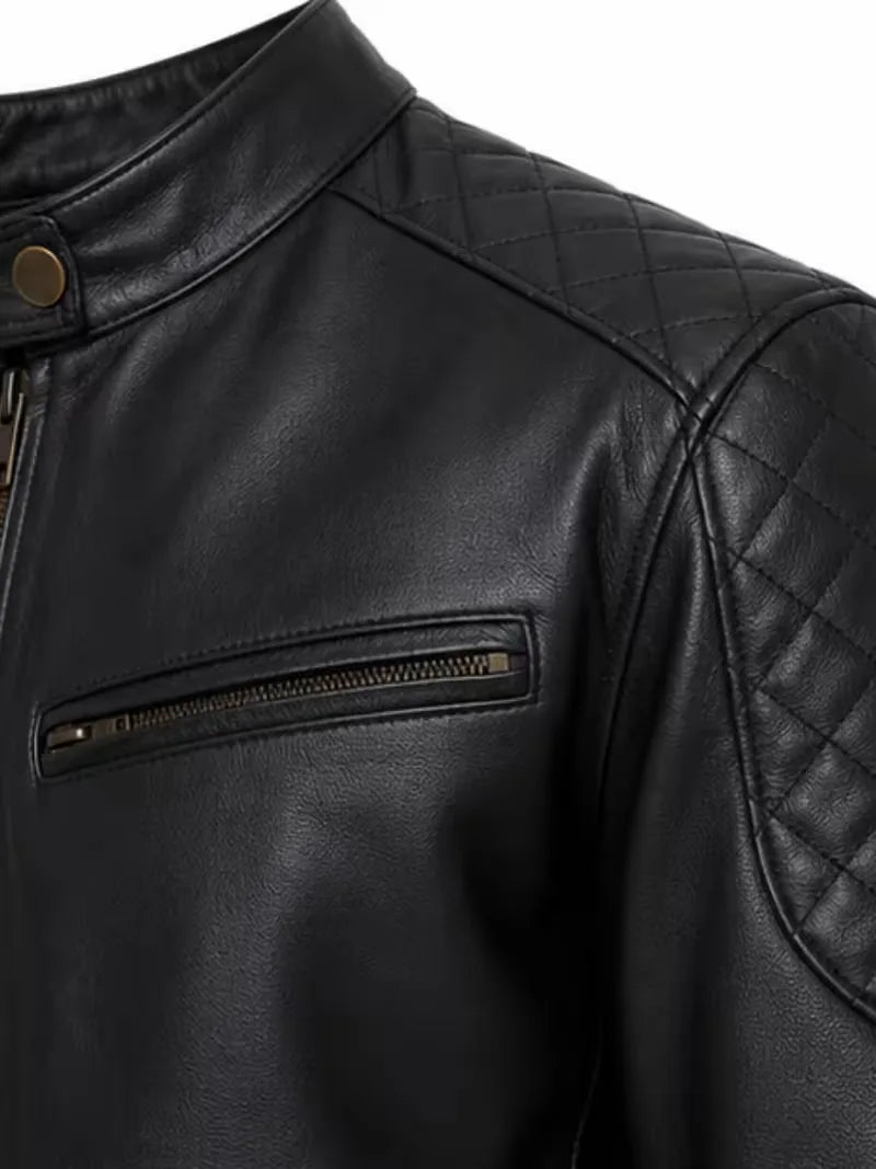 Men's black sheepskin leather jacket, worn on model