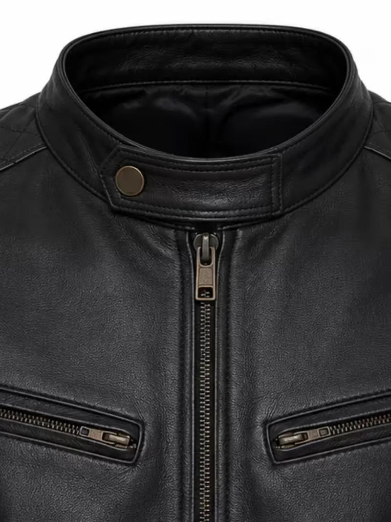 Men's black sheepskin leather jacket, full length