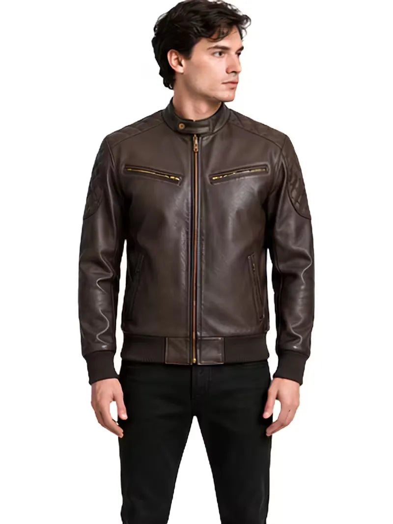 Men's black sheepskin leather jacket, zip and closure detail