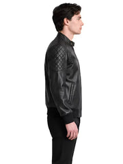 Men's black sheepskin leather jacket, collar detail