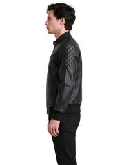 Men's black sheepskin leather jacket, side view