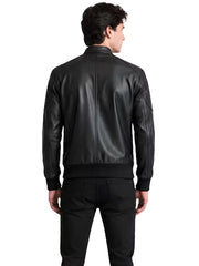 Men's black sheepskin leather jacket, back view