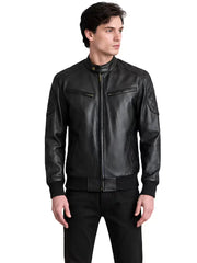Men's black sheepskin leather jacket, front view