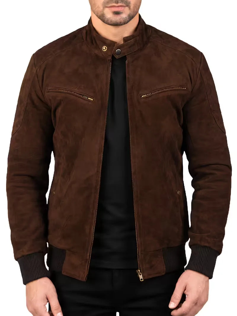 Men's black sheepskin leather jacket, zip and closure detail