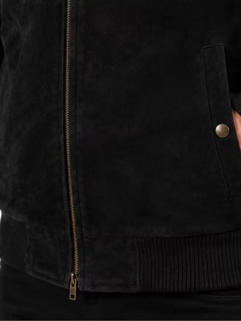 Men's black sheepskin leather jacket, worn on model