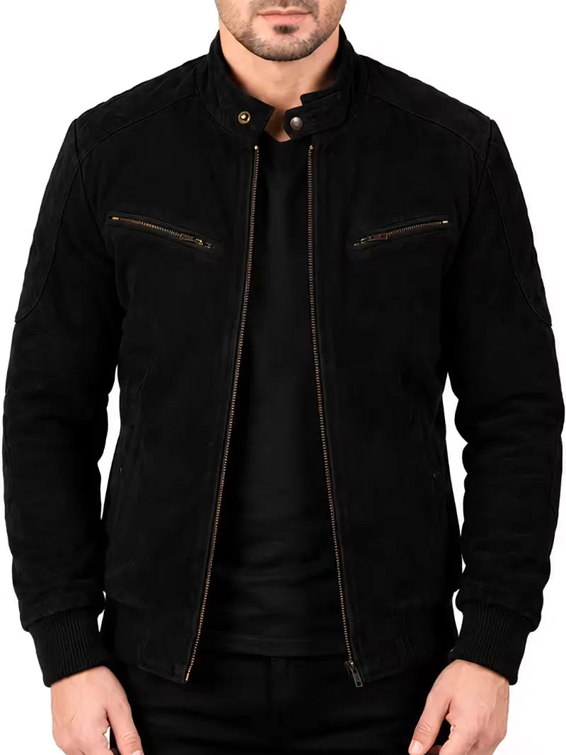 Men's black sheepskin leather jacket, front view
