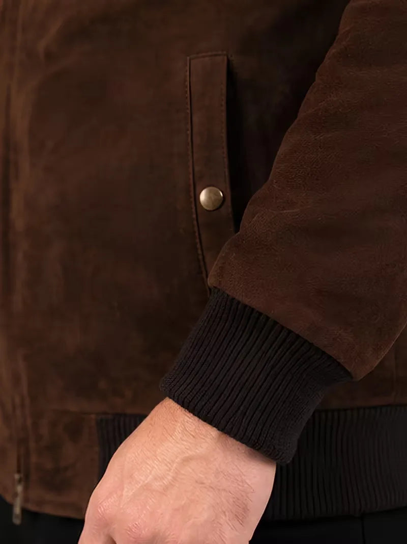 Men's black sheepskin leather jacket, back view