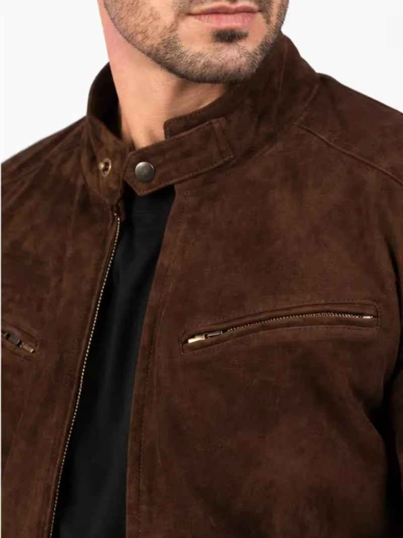 Men's black sheepskin leather jacket, side view