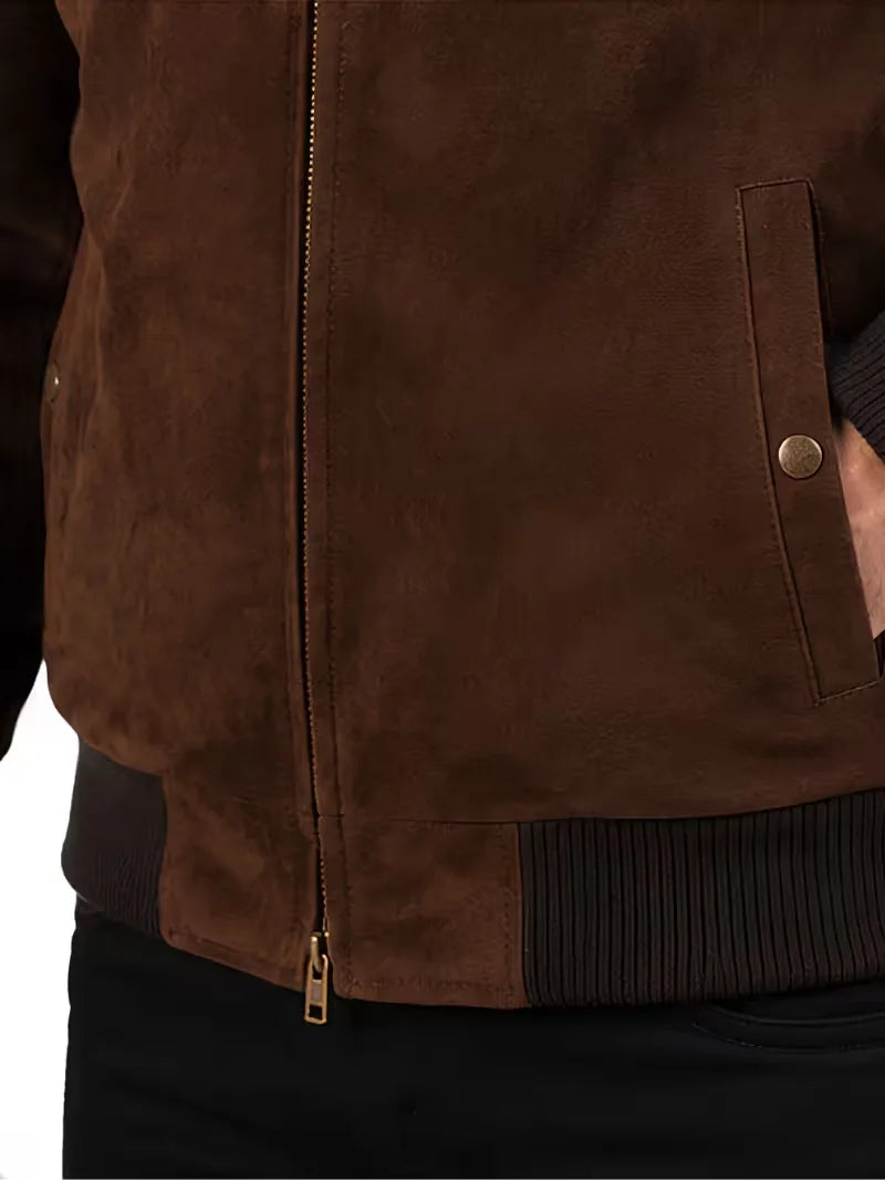 Men's black sheepskin leather jacket, collar detail