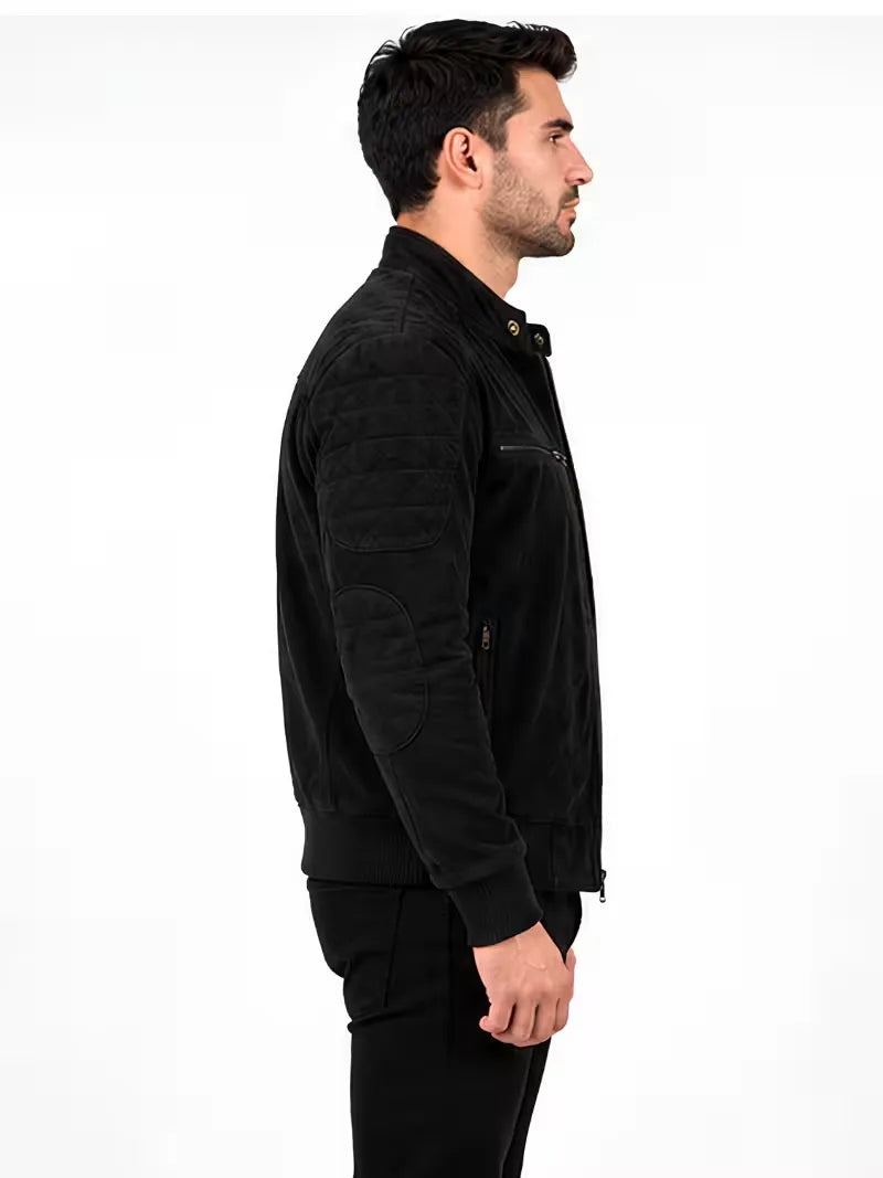 Men's black sheepskin leather jacket, collar detail