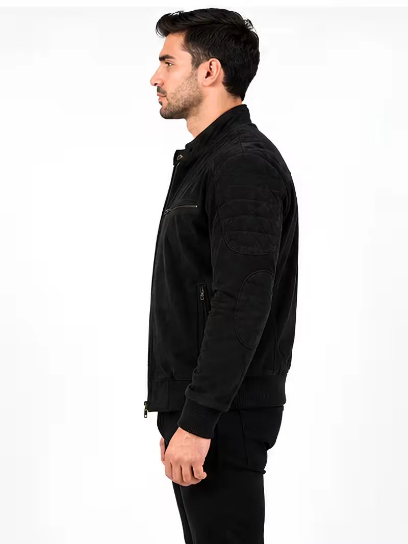 Men's black sheepskin leather jacket, side view