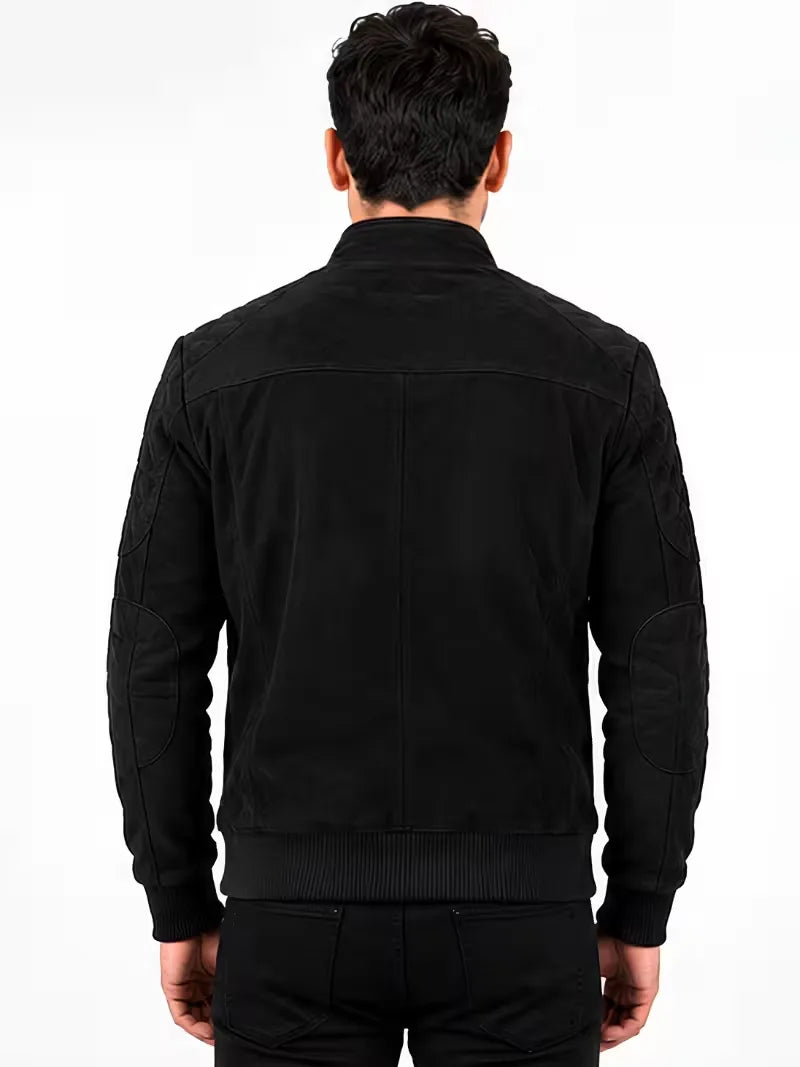 Men's black sheepskin leather jacket, back view