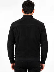 Men's black sheepskin leather jacket, back view