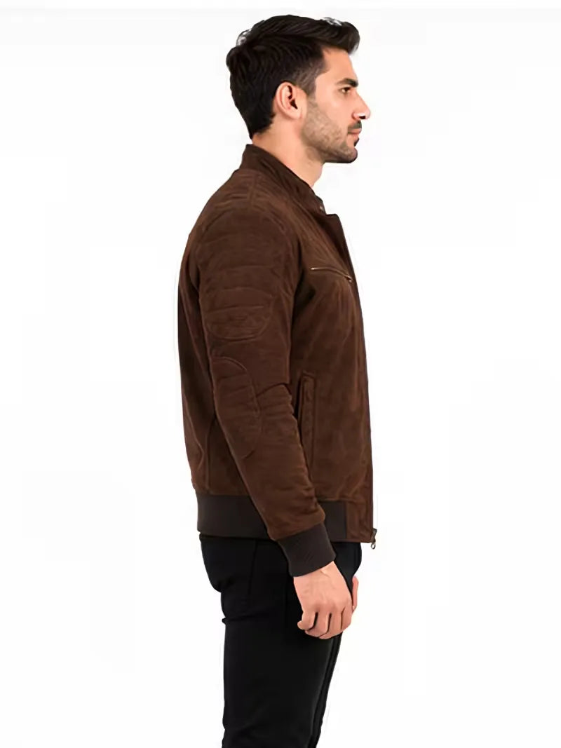 Men's black sheepskin leather jacket, zip and closure detail