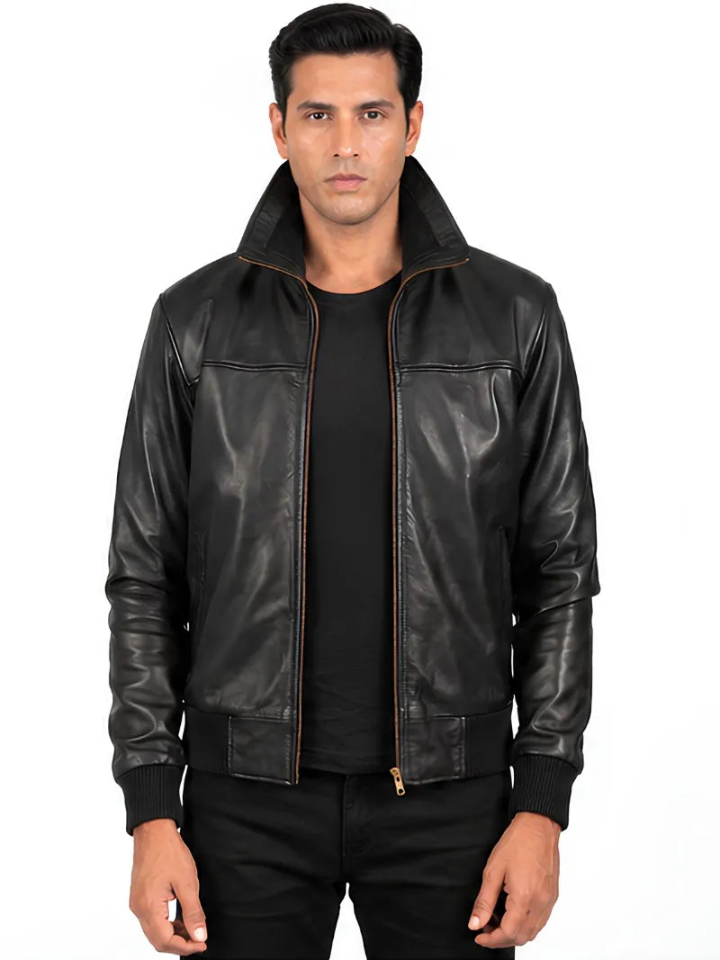 Men's black sheepskin leather jacket, front view