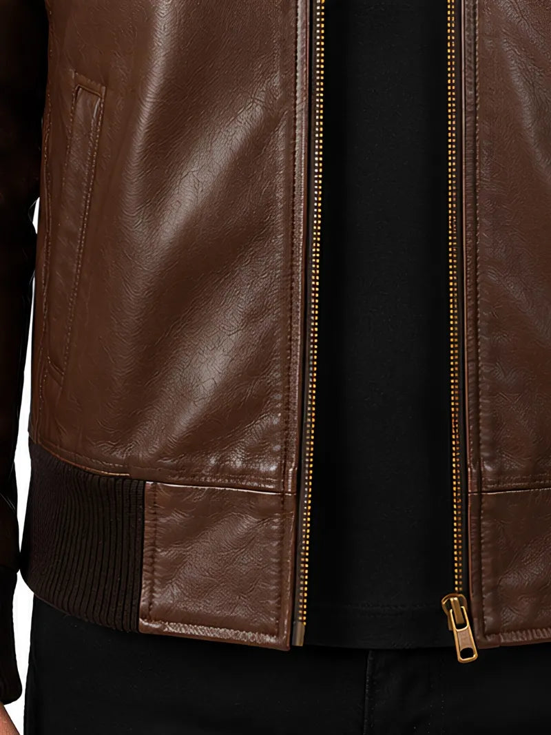 Men's black sheepskin leather jacket, zip and closure detail