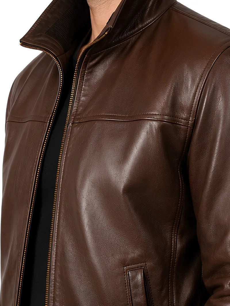 Men's black sheepskin leather jacket, collar detail