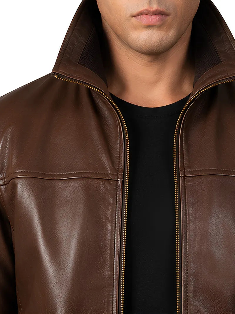 Men's black sheepskin leather jacket, side view