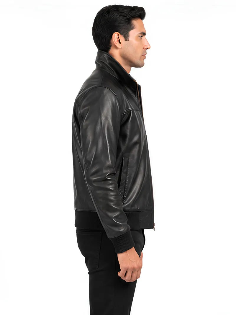Men's black sheepskin leather jacket, collar detail