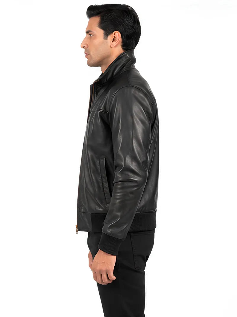 Men's black sheepskin leather jacket, side view