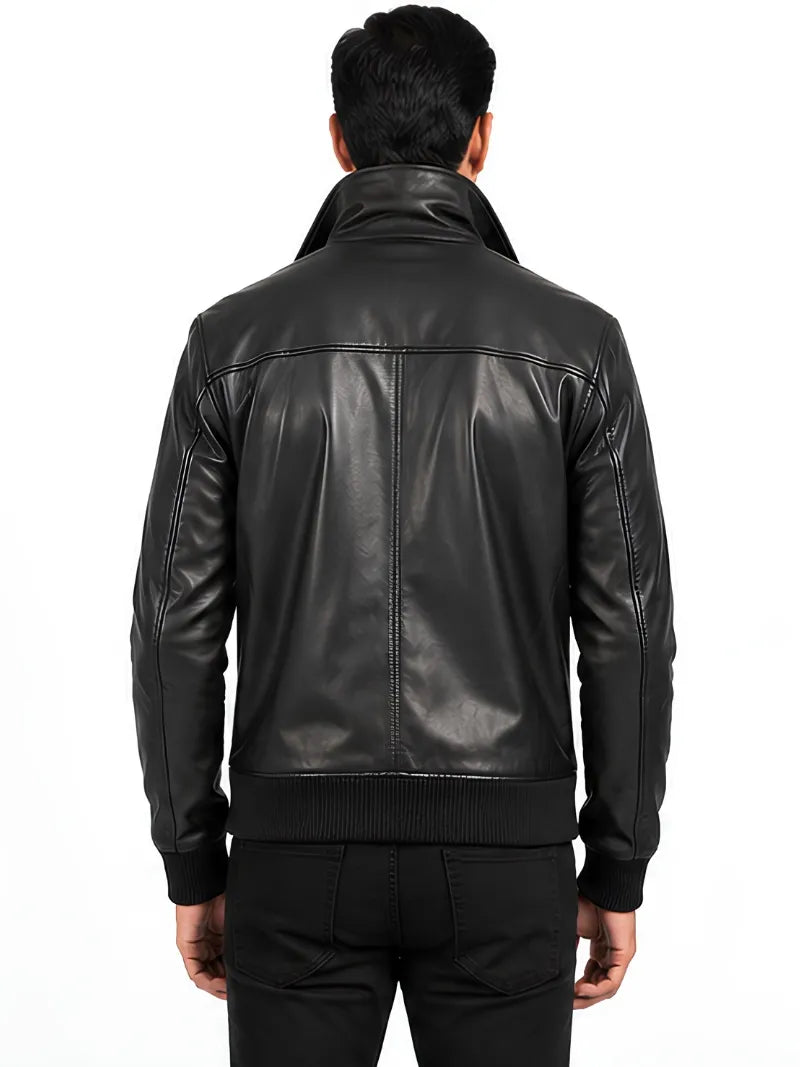 Men's black sheepskin leather jacket, back view