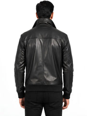 Men's black sheepskin leather jacket, back view