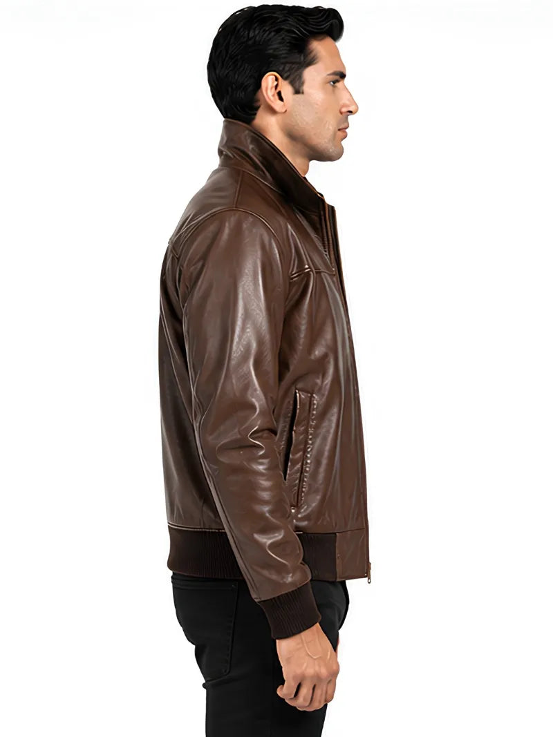 Men's black sheepskin leather jacket, lining detail