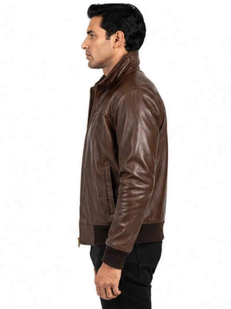Men's black sheepskin leather jacket, pocket detail