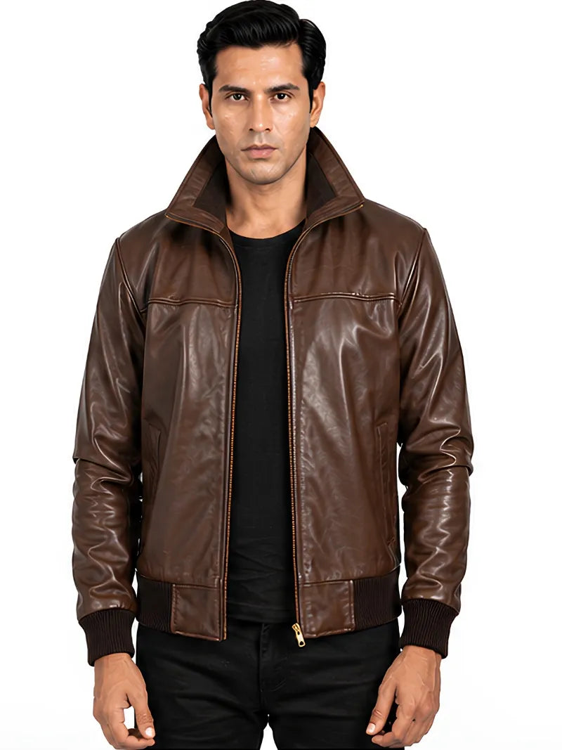 Men's black sheepskin leather jacket, zip and closure detail
