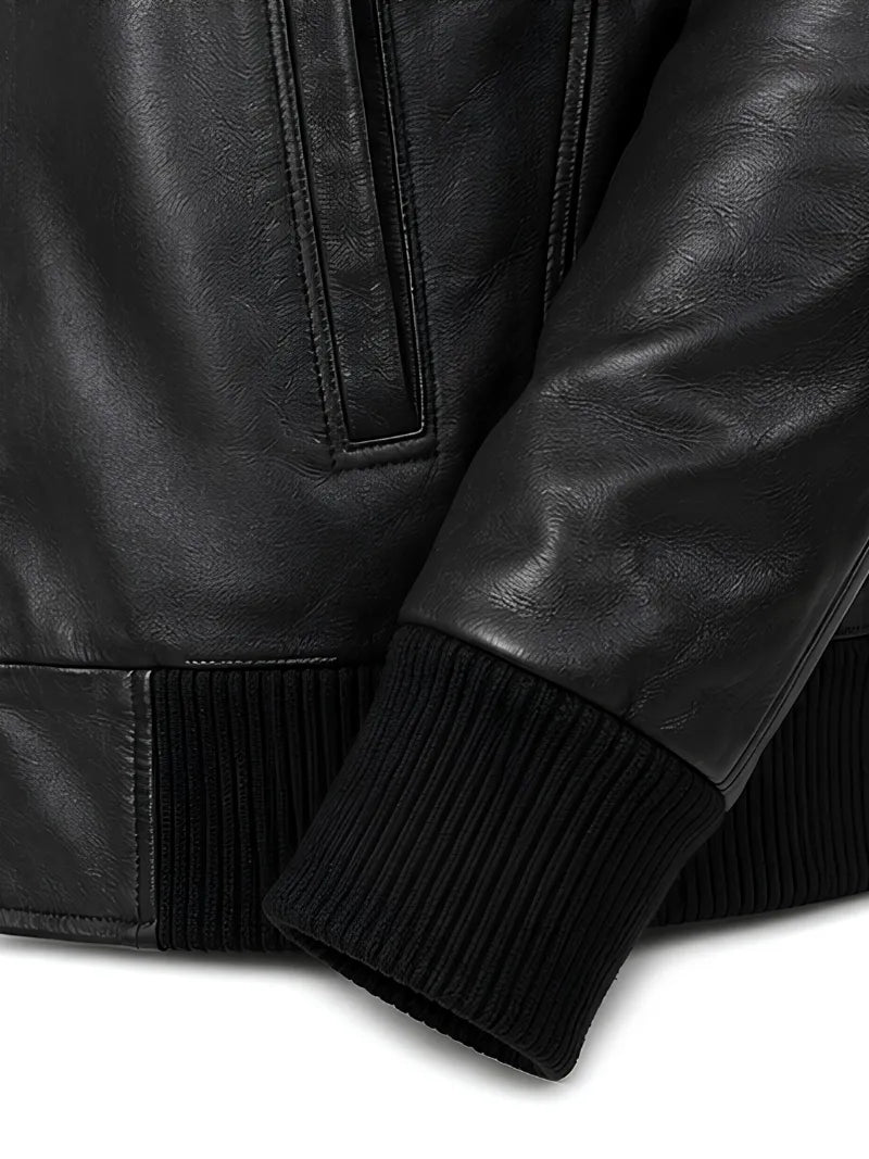 Men's black sheepskin leather jacket, back view