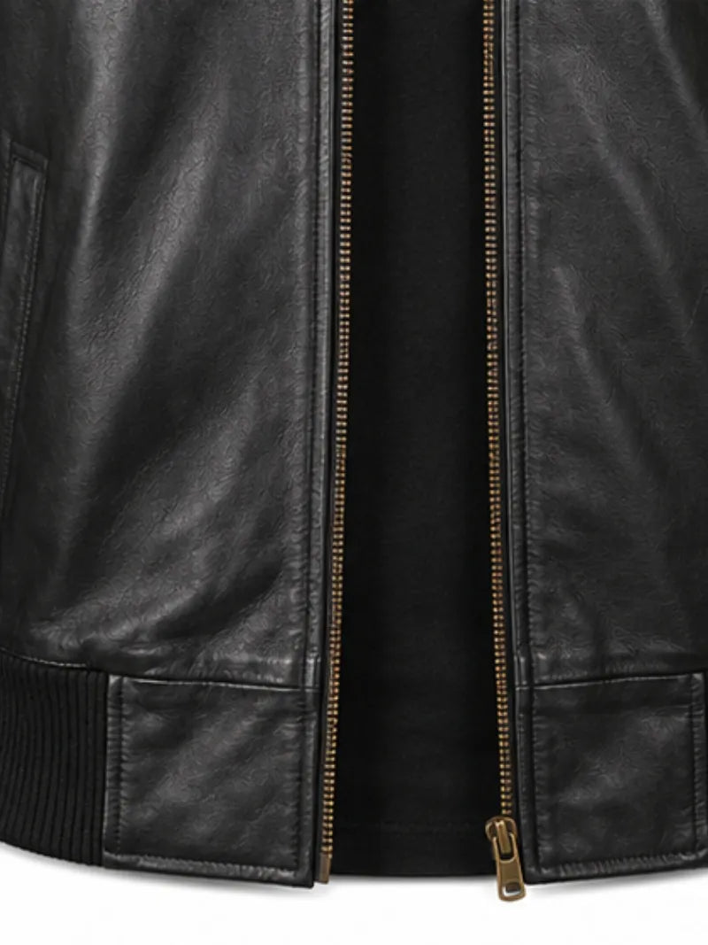 Men's black sheepskin leather jacket, front view