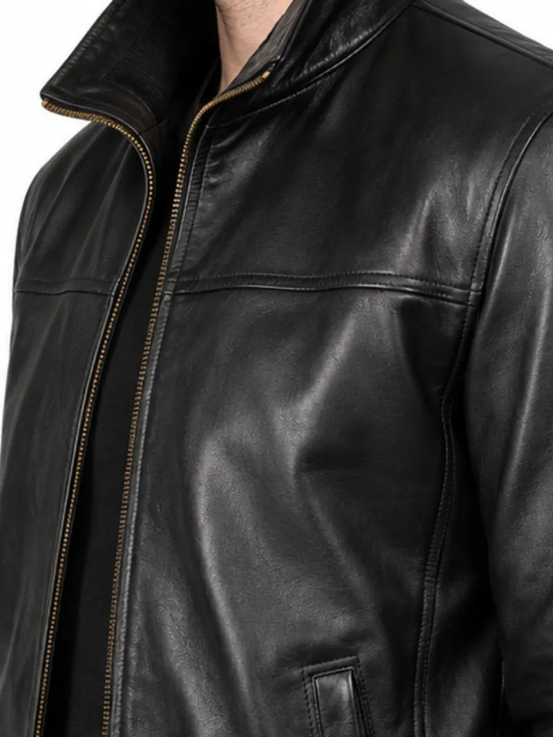Men's black sheepskin leather jacket, worn on model