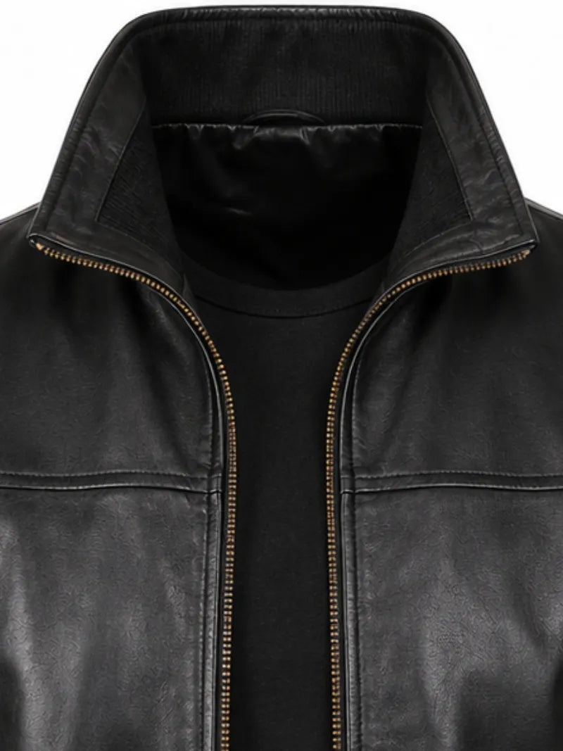 Men's black sheepskin leather jacket, full length