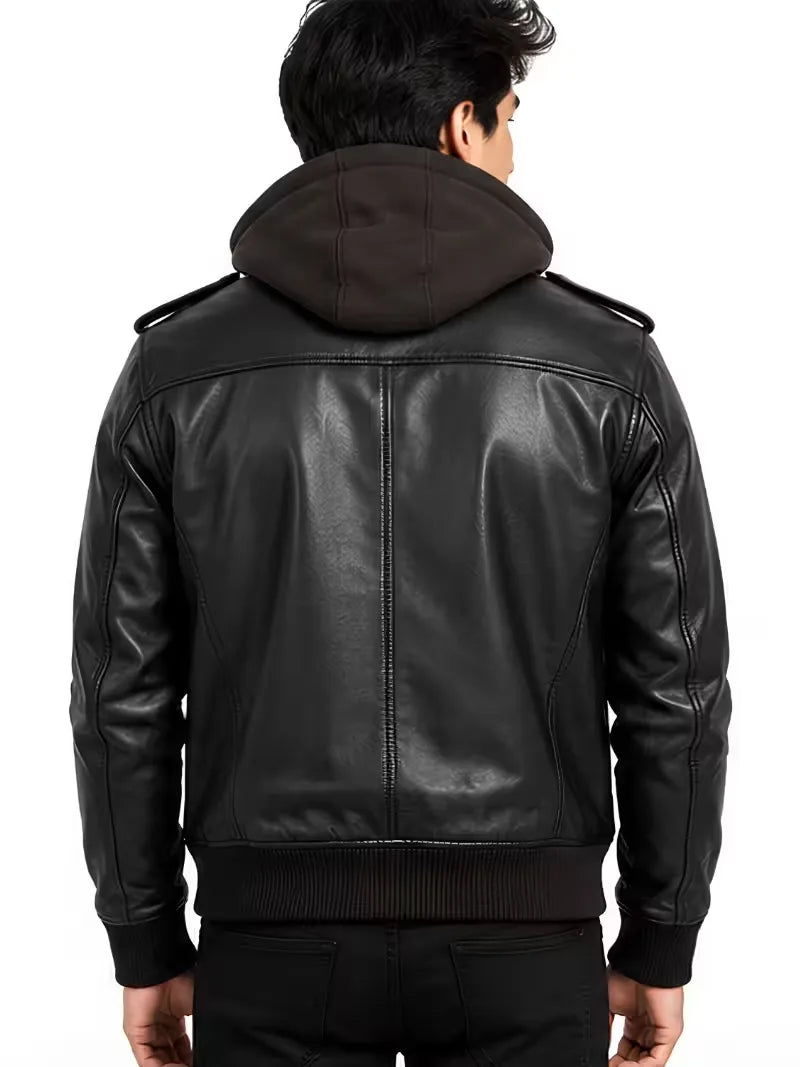 Men's black sheepskin leather hooded jacket, back view