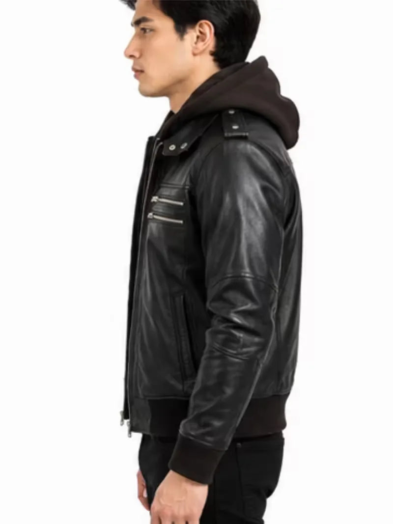 Men's black sheepskin leather hooded jacket, side view