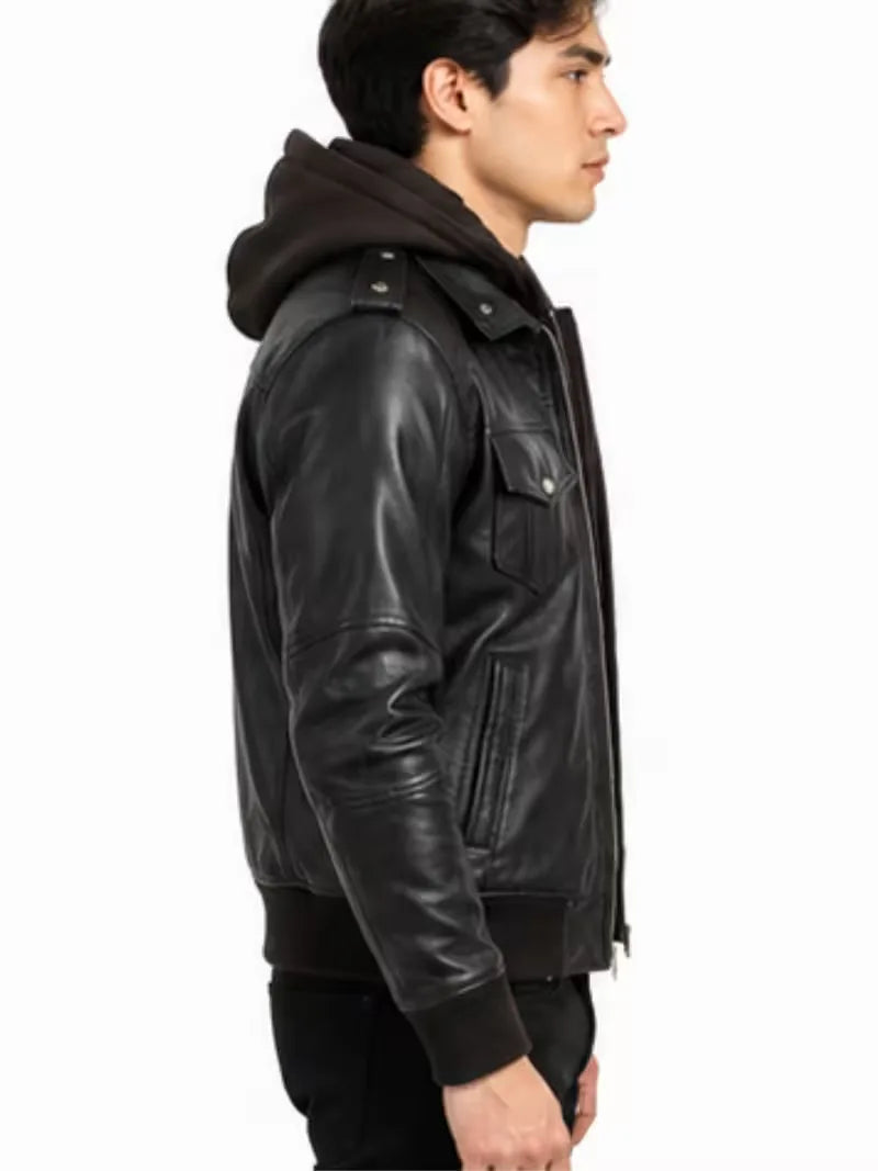 Men's black sheepskin leather hooded jacket, collar detail