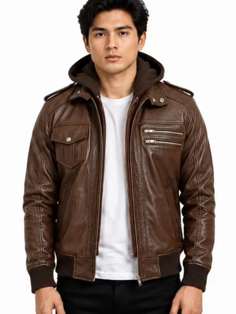 Men's black sheepskin leather hooded jacket, zip and closure detail