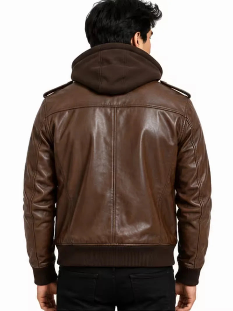 Men's black sheepskin leather hooded jacket, cuff detail