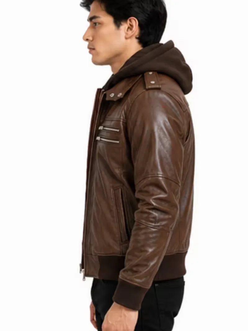 Men's black sheepskin leather hooded jacket, pocket detail