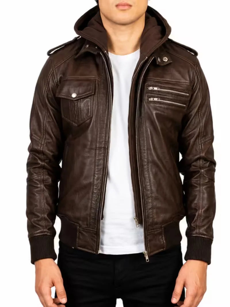 Men's black sheepskin leather hooded jacket, zip and closure detail