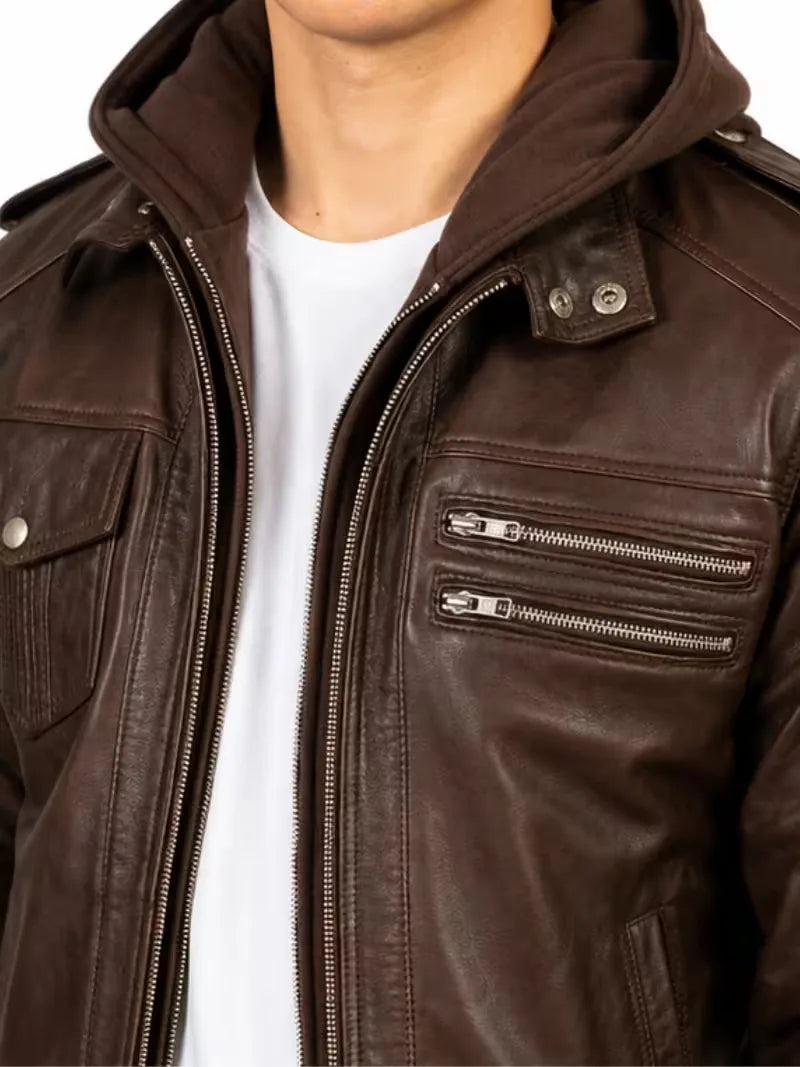 Men's black sheepskin leather hooded jacket, collar detail