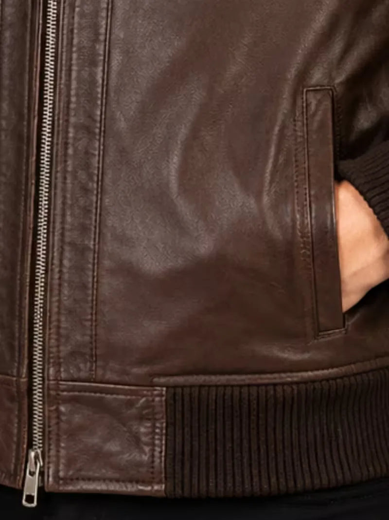 Men's black sheepskin leather hooded jacket, side view