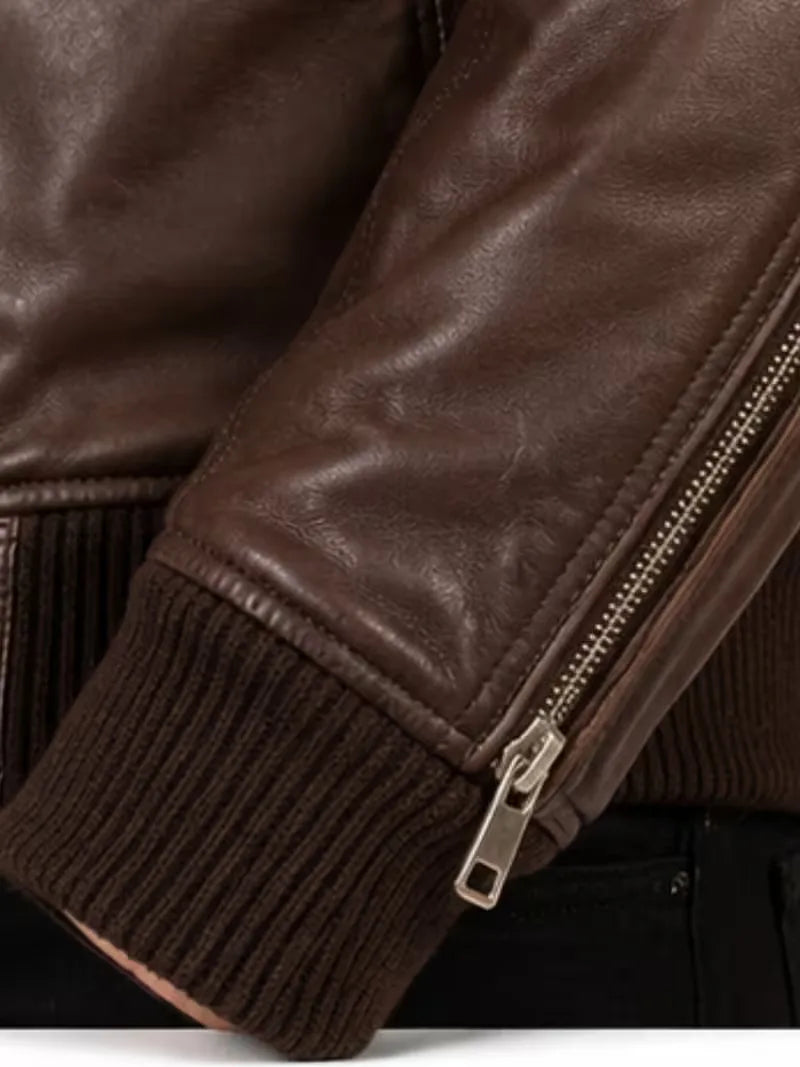 Men's black sheepskin leather hooded jacket, back view
