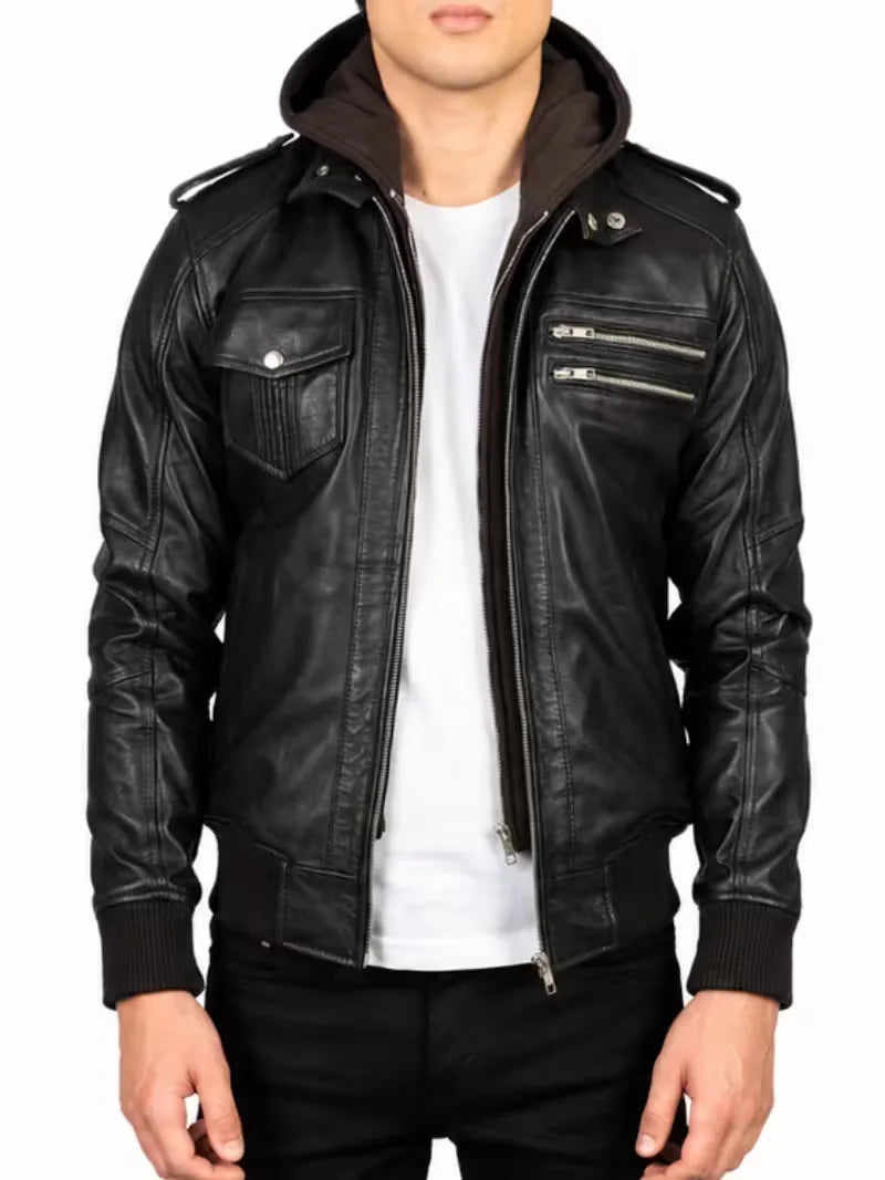 Men's black sheepskin leather hooded jacket, front view