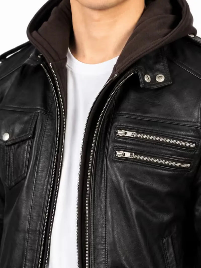 Men's black sheepskin leather hooded jacket, worn on model